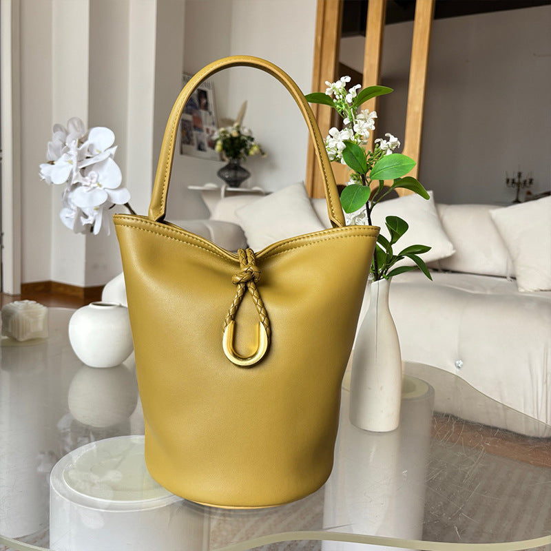 Genuine Cowhide Handwoven Bucket Bag with U-Buckle, New Vintage Shoulder Crossbody Top Handle Purse, Premium Handwoven Handbag for Ladies