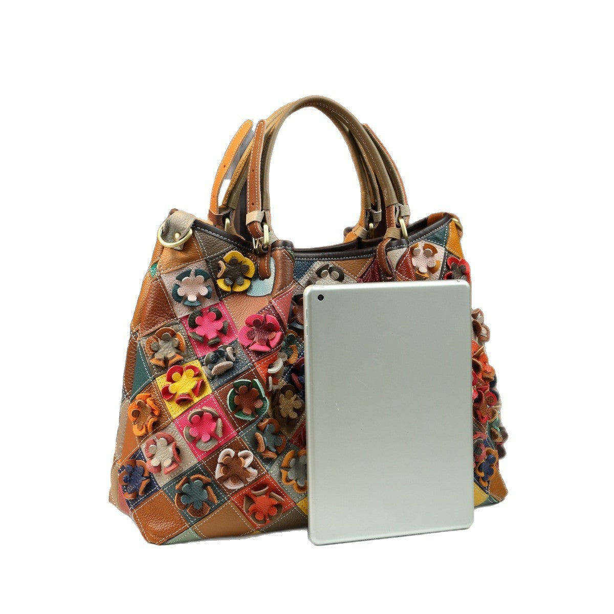 Bohemian Floral Patchwork Bucket Bag for Women Genuine Leather Large Capacity Shoulder Crossbody Handbag, Colorful Artisan Purse with Boho Charm
