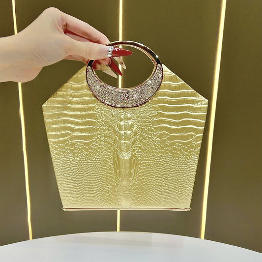 Elegant Croc-Effect Rhinestone Evening Bag for Women, A Premium Sparkly Top-Handle Banquet Purse with Chain Strap, Perfect for Formal Dresses & Special Occasions