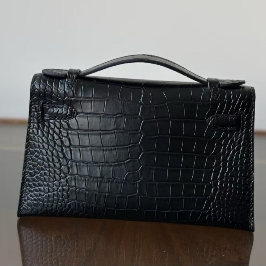 Genuine Leather Crocodile-Embossed Kelly-Style 22cm Bag for Women, 2025 New Small Square Shoulder Crossbody Top Handle Purse, Light Luxury Everyday Handbag for Ladies