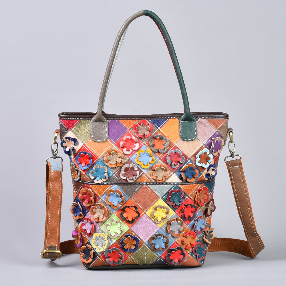 New Floral Patchwork Top Layer Cowhide Bag, European Handmade Unique Shoulder Crossbody Tote Purse, Stylish Handbag for Women