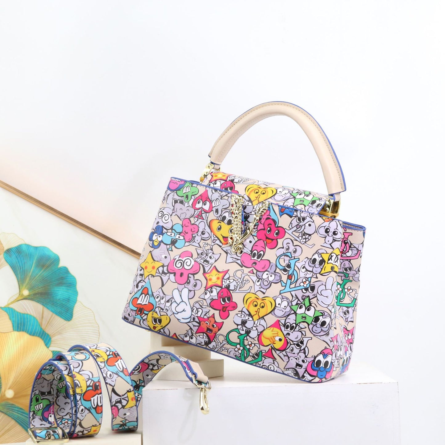 Genuine Leather Fashionable Printed Handbag, Top Handle Crossbody Purse for Ladies