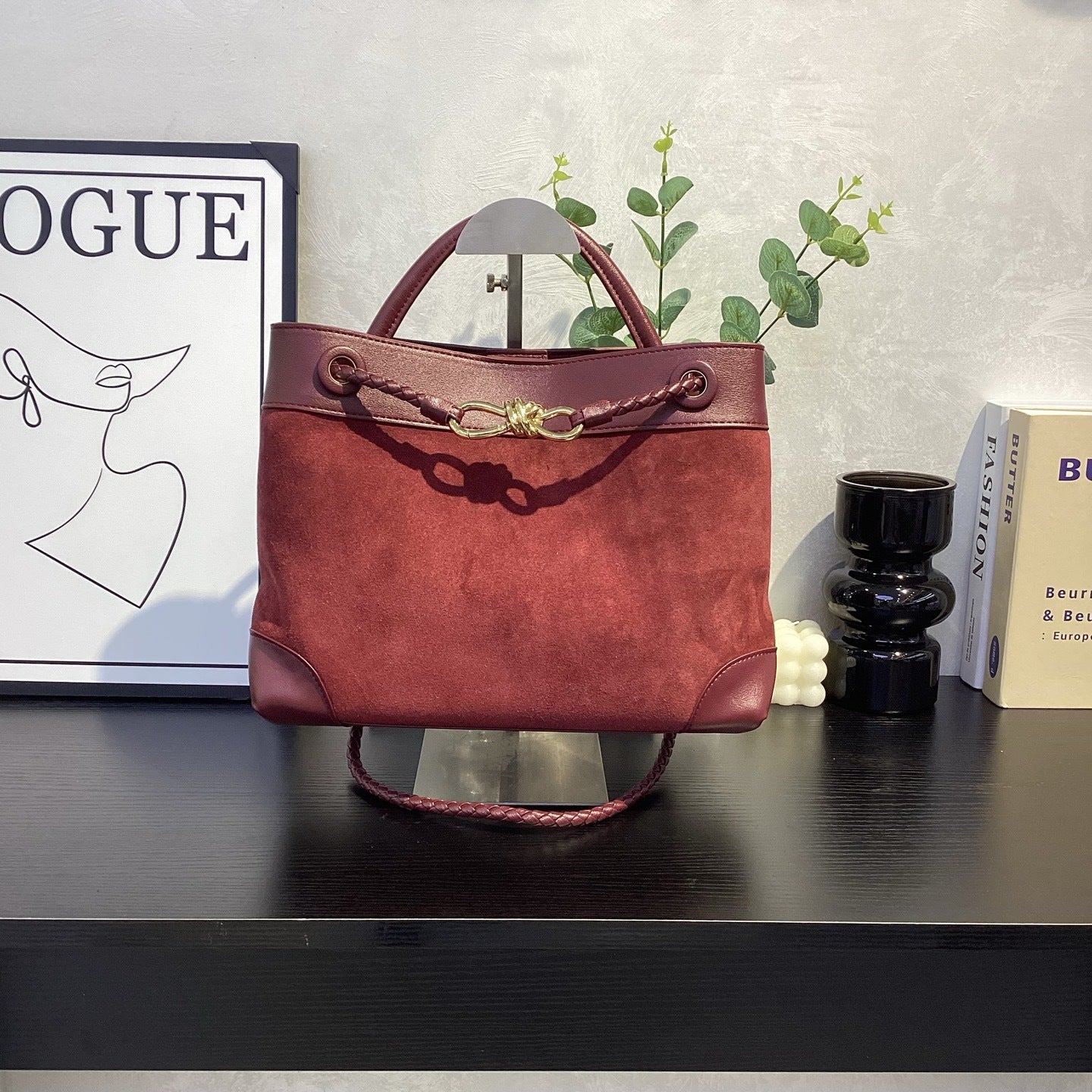 Suede Leather Woven Rope-Knot Handbag, Simple Elegant Shoulder & Crossbody Commuter Bag for Women