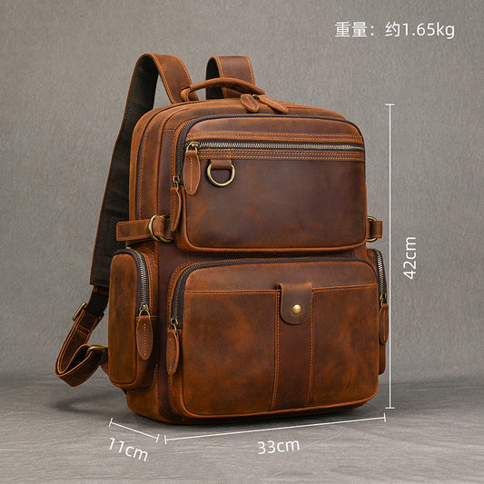 15-Inch New Vintage Crazy Horse Leather Backpack, Travel Commute Laptop Daypack, Premium Top Layer Cowhide Bag for Men