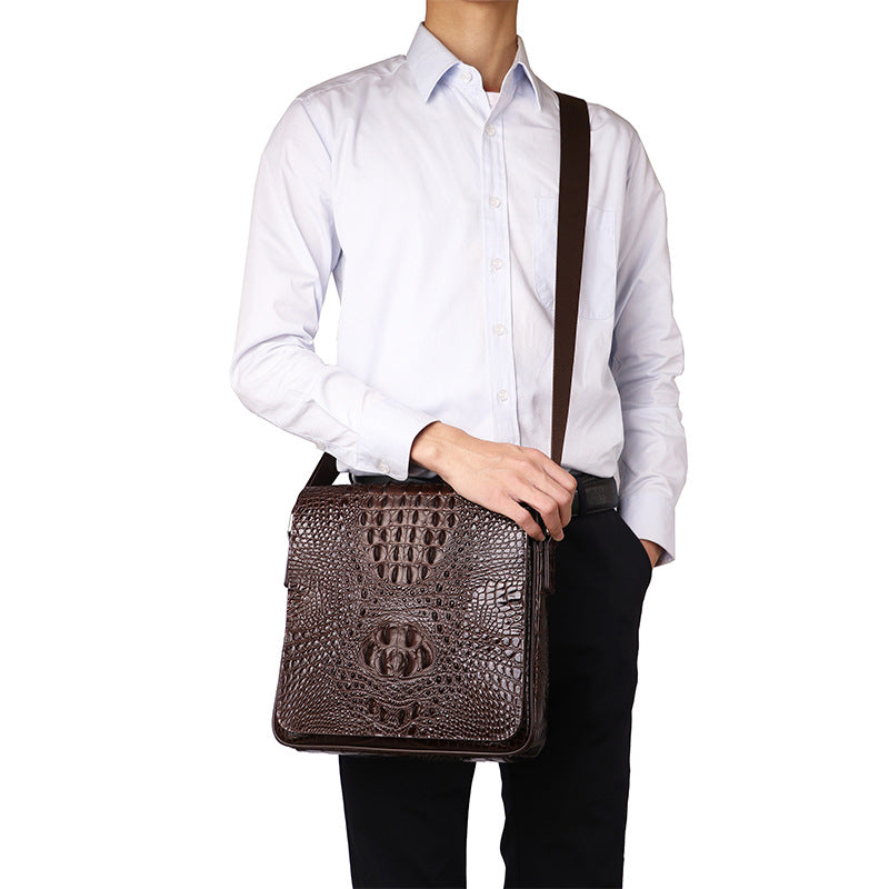 New Arrival Croc-Effect Genuine Leather Messenger Bag for Men, A Cowhide Shoulder Crossbody Handbag with Fashionable Design