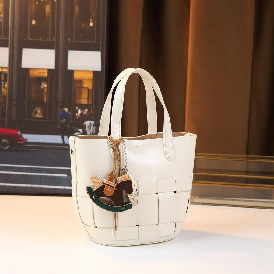 Hollow Woven Bucket Bag for Women Casual Shoulder Crossbody Handbag, Minimalist Picnic Basket Purse with Natural Open-Weave Texture