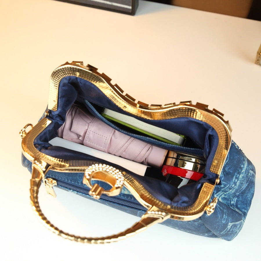 Denim Rhinestone Dumpling Bag for Women with Owl Crystal Design, Elegant Shoulder Handbag with Premium Embellished Style