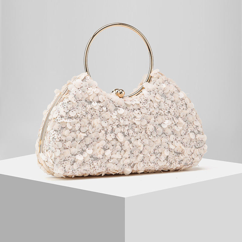Pearl Embellished Ring Evening Clutch for Women, New Formal Gown Chain Handbag, Elegant Wedding Party Purse for Ladies