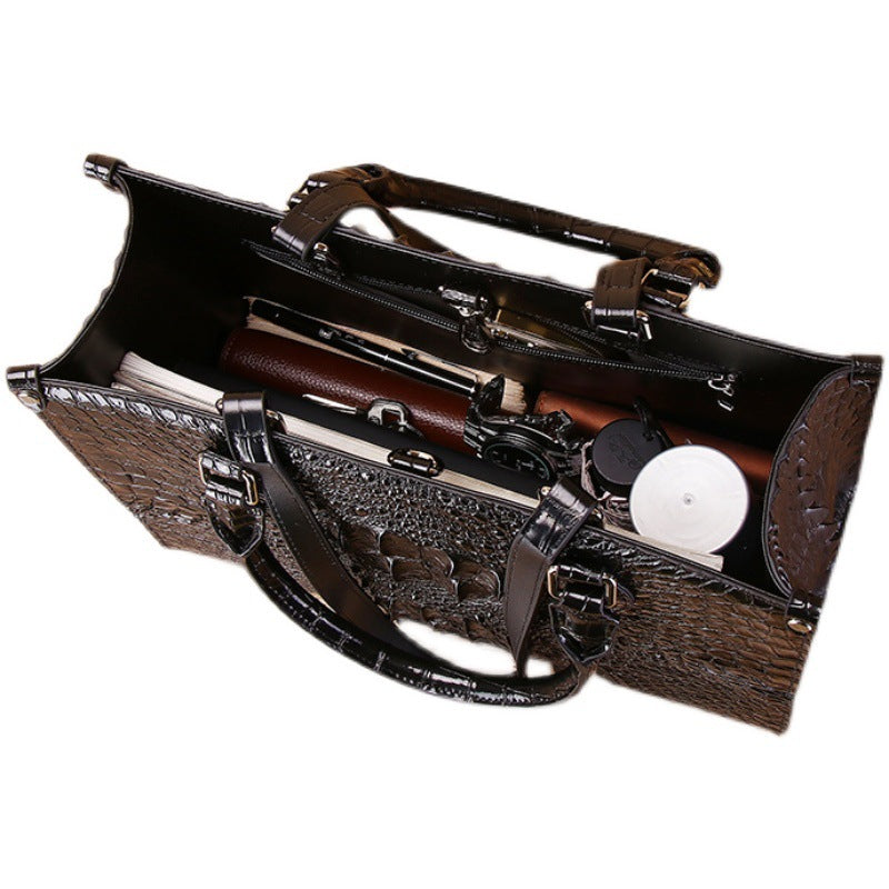 Genuine Leather Couple Tote Bag for Men and Women Large Capacity Laptop Business Shoulder Handbag with Crocodile Embossed Texture