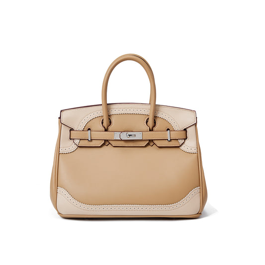 Large Capacity Genuine Leather Tote Bag for Women, Birkin-Inspired Top-Handle Handbag with Elegant Lace-Trimmed Design, Versatile Crossbody Purse for Everyday & Work