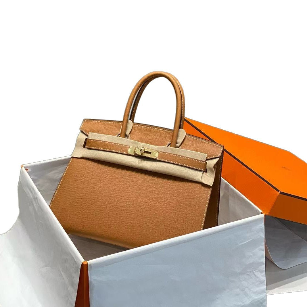 Top Layer Cowhide Birkin-Style Bag with External Stitching BK25/30, Large Capacity Versatile Top Handle Handbag, Premium Leather Purse for Ladies