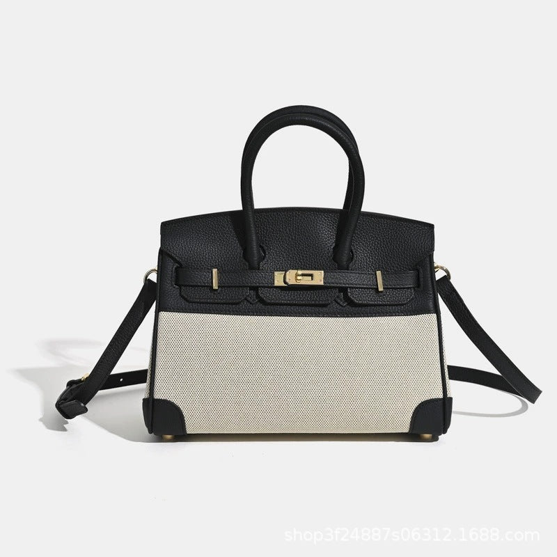 Chic Minimalist Canvas & Leather Birkin-Inspired Tote Bag for Women, Casual Bucket Handbag with Spliced Design, Versatile Top-Handle Shoulder Purse for Everyday Style