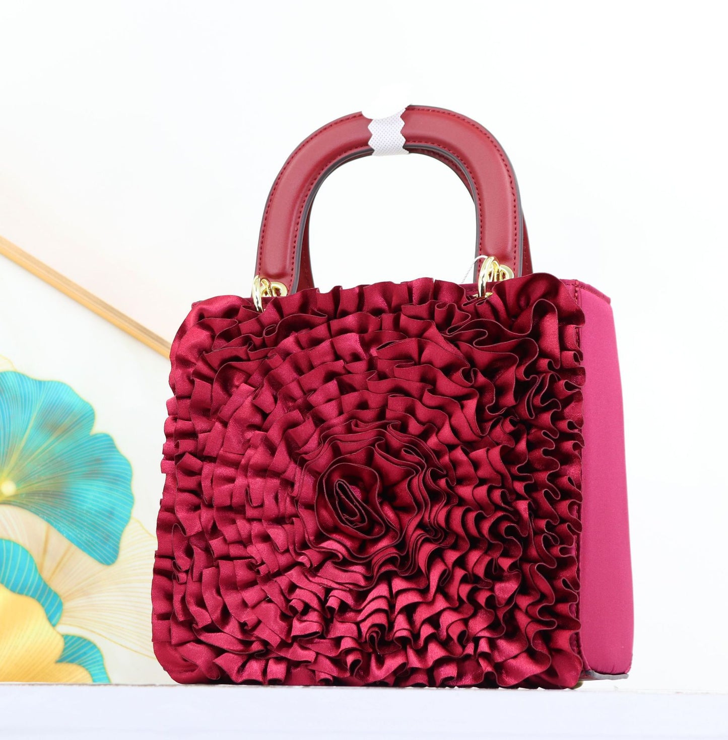 Premium Satin Ruffle Flower Diana-Style Handbag for Women, Exquisite Southeast Asian Designer Bag, High-Quality Ladies Shoulder Purse
