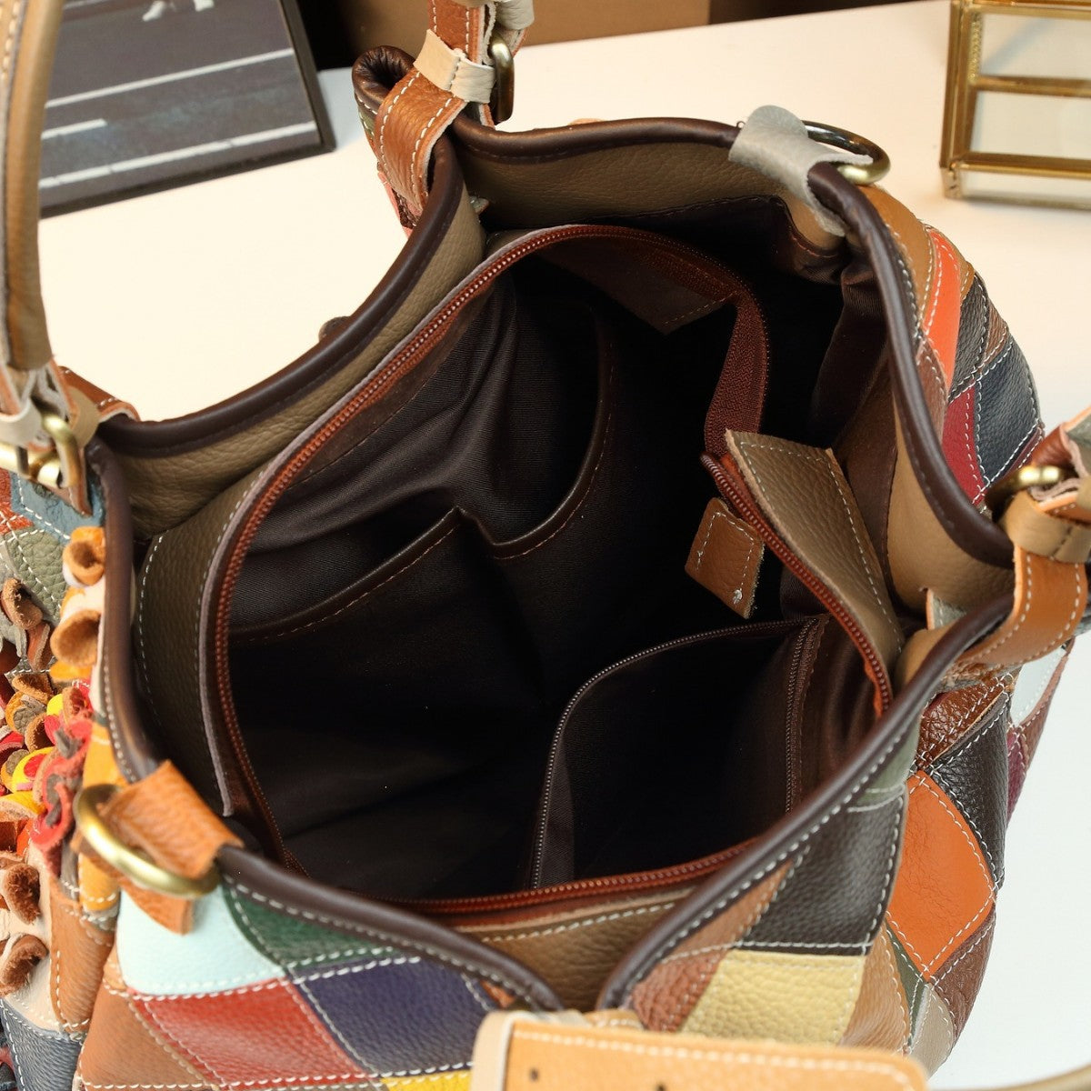 Bohemian Floral Patchwork Bucket Bag for Women Genuine Leather Large Capacity Shoulder Crossbody Handbag, Colorful Artisan Purse with Boho Charm