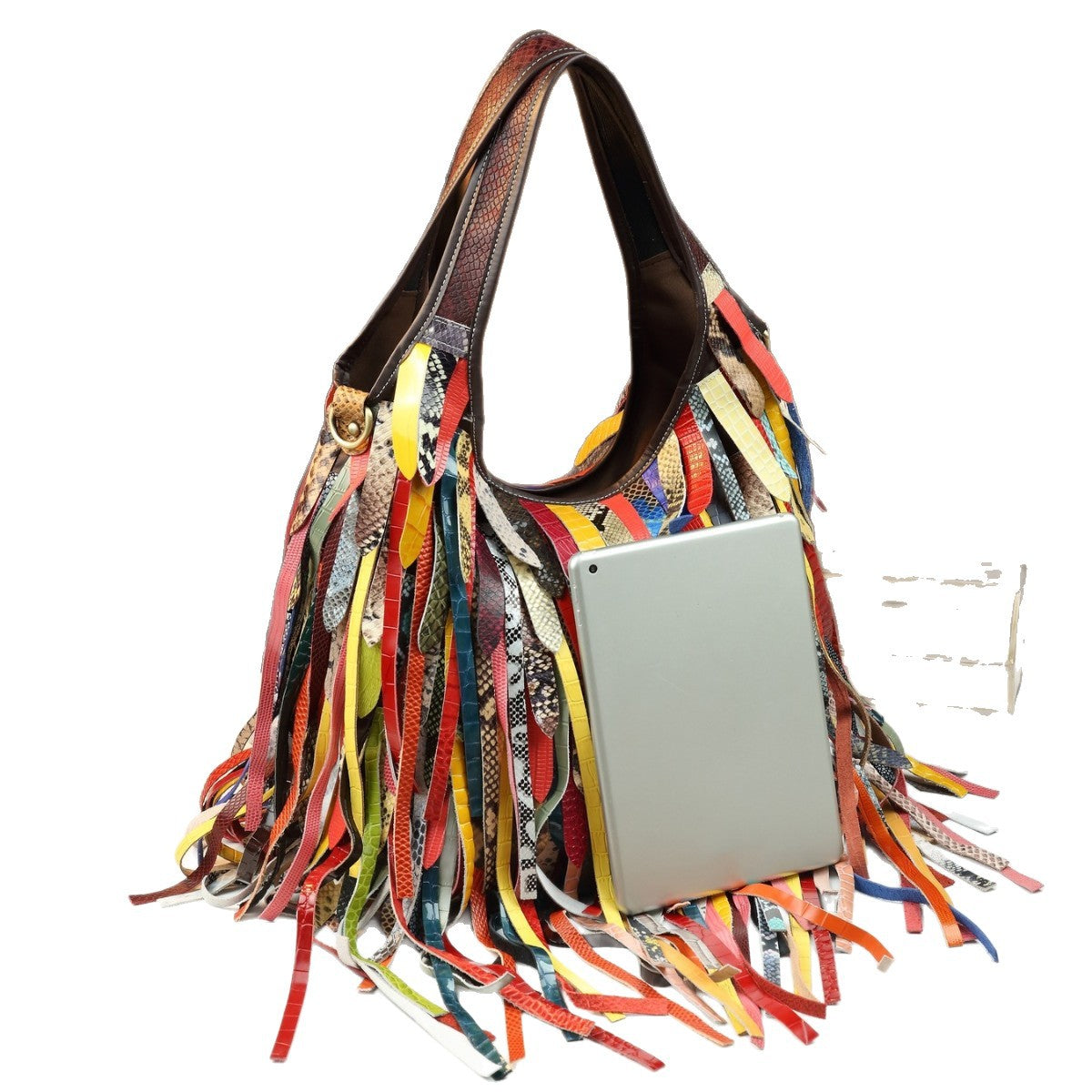 Colorful Fringe Strap Cowhide Shoulder Bag for Women Large Capacity Slouchy Street Style Handbag, Niche Purse with Playful Boho Detail