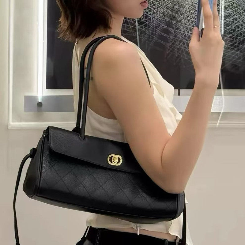 Genuine Leather Chanel-Style Baguette Bowling Bag for Women Light Luxury Shoulder Underarm Handbag, Versatile Commuter Purse with Elegant Design