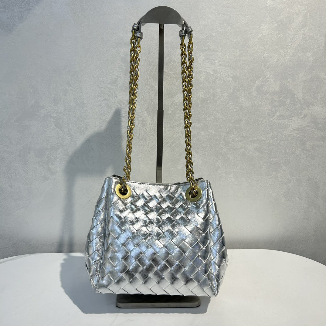 Genuine Leather Metal Chain Woven Parachute Bag for Women, Large Capacity Vintage Underarm Shoulder Crossbody Purse, Premium Handbag for Ladies