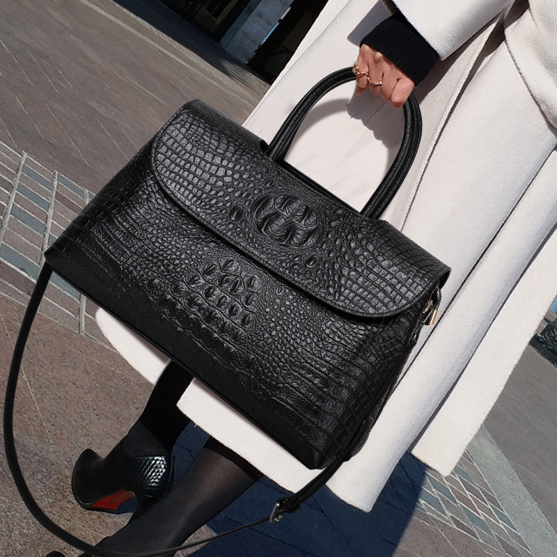 New Classic Black Crocodile-Embossed Top Layer Cowhide Bag, Shoulder Crossbody Top Handle Purse, Premium Handbag for Women