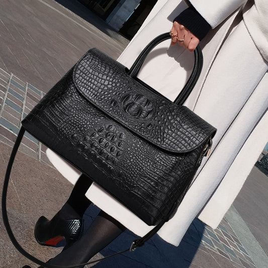 New Classic Black Crocodile-Embossed Top Layer Cowhide Bag, Shoulder Crossbody Top Handle Purse, Premium Handbag for Women