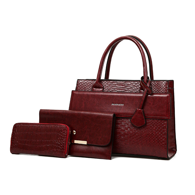 New Arrival Vintage Croc-Effect 3-Piece Handbag Set for Women, A Large Capacity Crossbody Top-Handle Commuter Bag with Versatile Elegant Design, Perfect Everyday Set