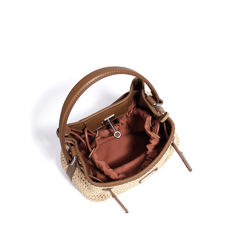 Casual Basket Woven Bucket Bag in Genuine Leather, Korean Style Patchwork Underarm Shoulder Crossbody Purse, Versatile Handbag for Women