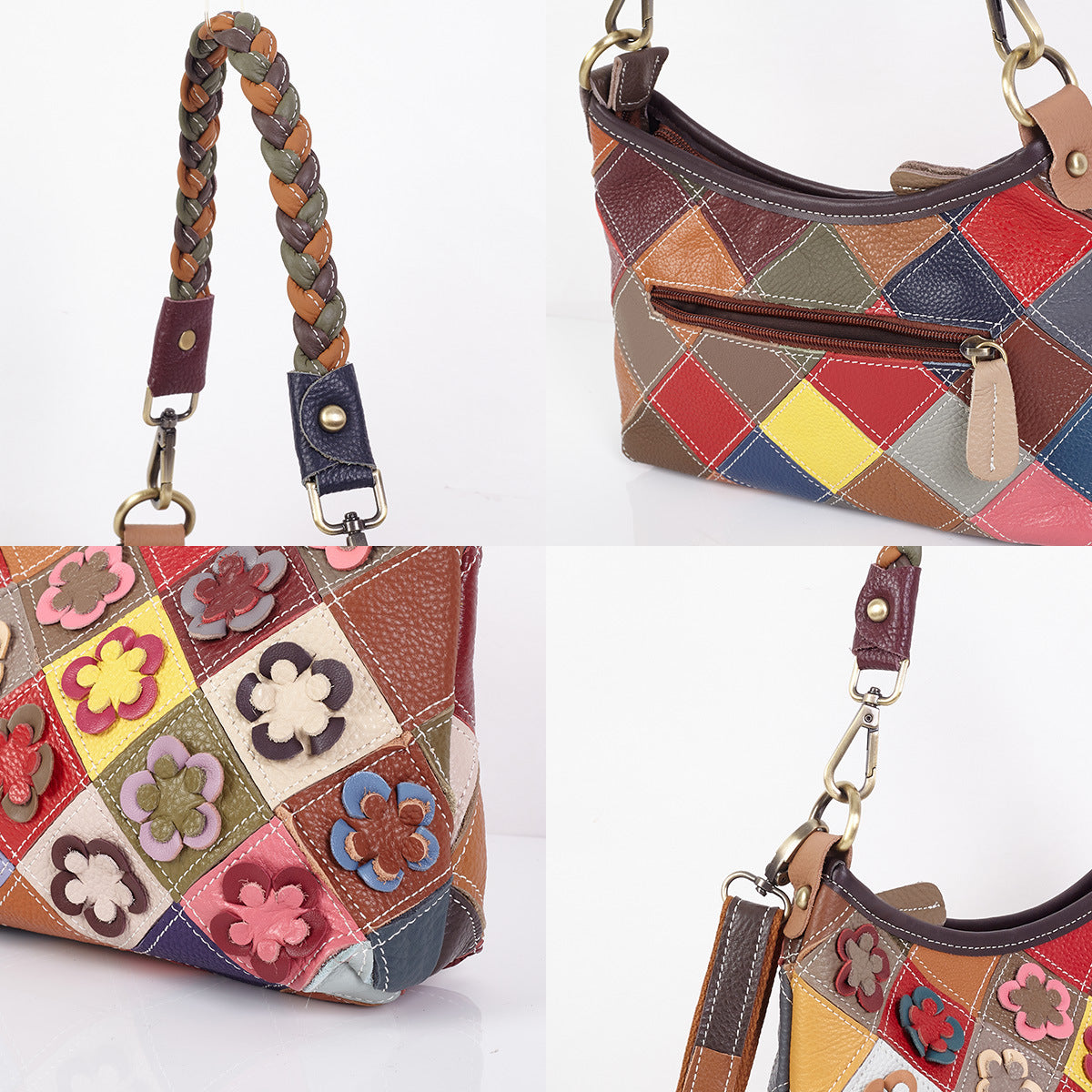Premium Genuine Leather Color-Block Floral Bag for Women | Ethnic Style Small Top-Handle Cross-Body Shoulder Handbag with Unique Artistic Design | Versatile 2-in-1 Carry Purse for Everyday Chic, Travel & Casual Outings | Trendy Statement Accessory wi