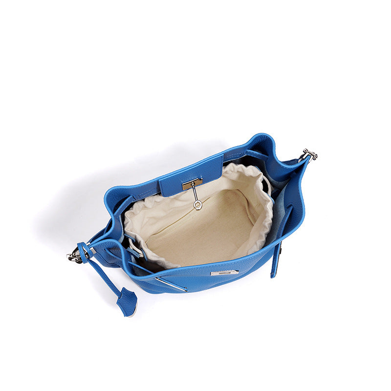 Genuine Soft Pebbled Leather Bucket Bag for Women, Fashionable Versatile Shoulder Crossbody Purse, Minimalist Niche Design Handbag for Ladies