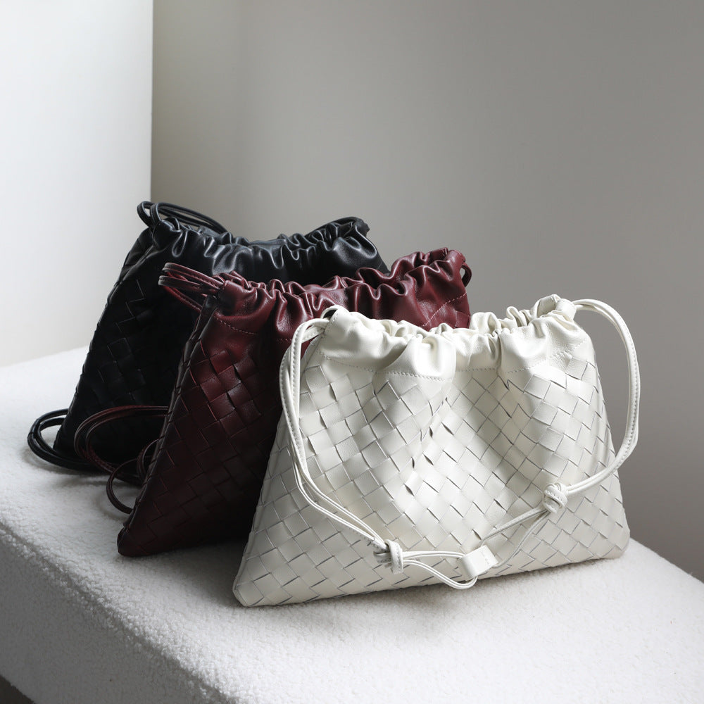 Sheepskin Woven Dumpling Drawstring Bag for Women Genuine Leather Underarm Shoulder Crossbody Handbag, Versatile Purse with Soft Textured Design