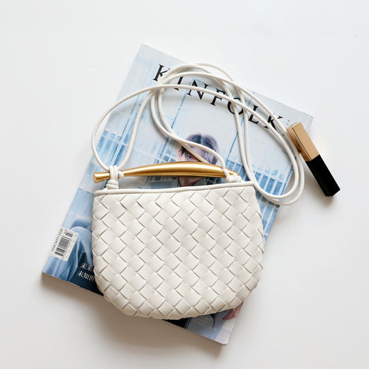 Woven Sardine Mini Bag for Women Cowhide Leather Handbag with Metal Handle, Niche Designer Purse with Unique Sculptural Shape