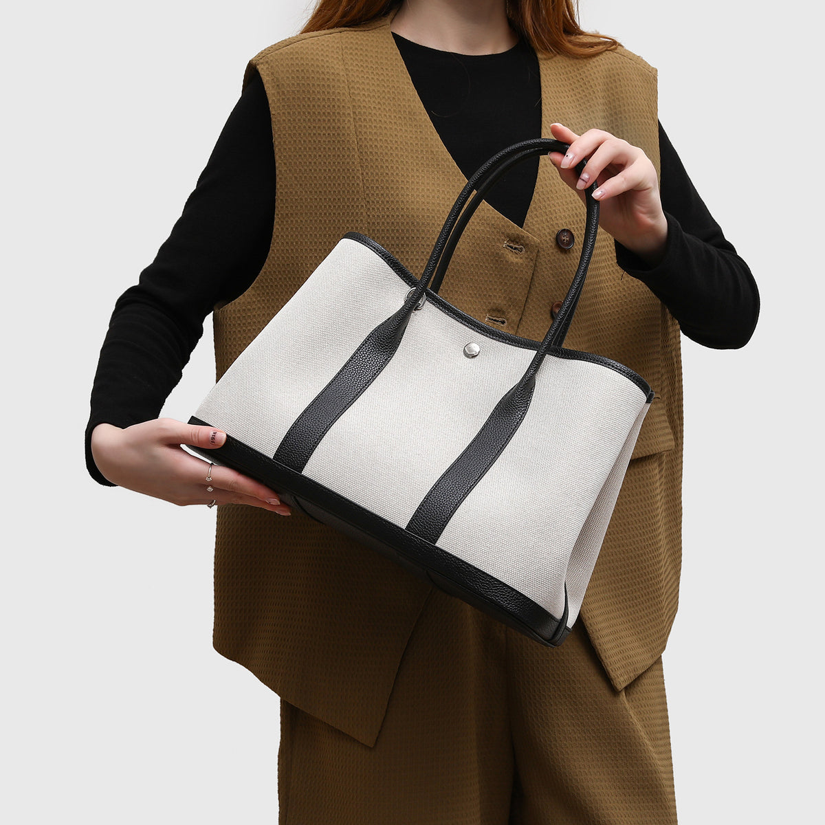 Boutique Style Genuine Leather & Canvas Tote Bag for Women, Spacious Contrast Color Garden Handbag with a Premium Sophisticated Feel, Unique Everyday Carryall