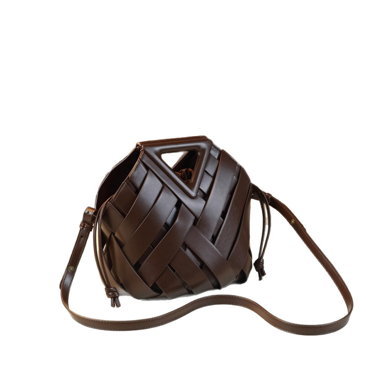 Woven Hollow Basket Bucket Bag for Women with Triangle Magnetic Buckle, Shoulder Crossbody Handbag with Detachable Sub-Bag