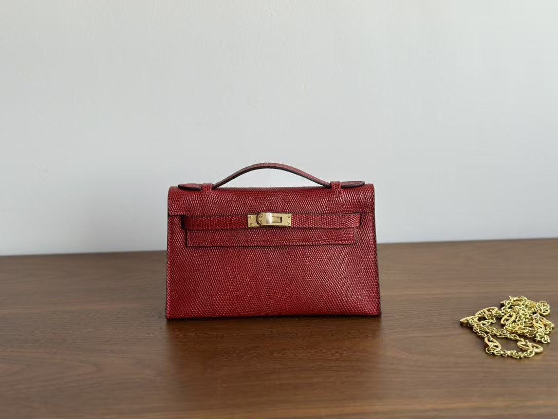 Genuine Lizard-Embossed Cowhide Mini Kelly-Style Bag for Women, Hermès-Inspired Shoulder Crossbody Top Handle Purse, Light Luxury Everyday Handbag for Ladies