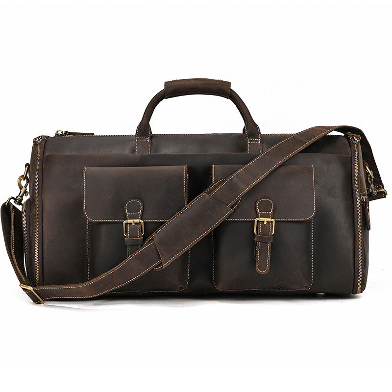 Multifunctional Crazy Horse Leather Travel Duffle, Foldable Suit Garment Bag with Wet-Dry Separation, Premium Gym Weekender for Men
