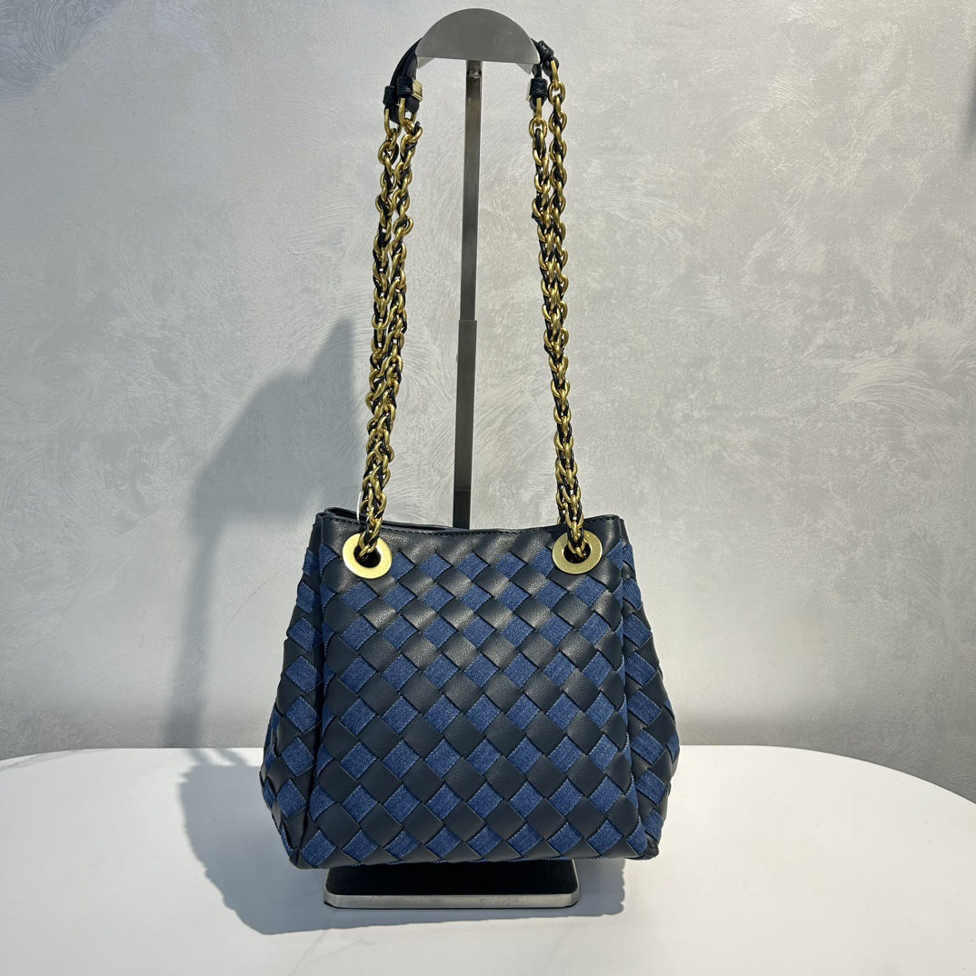 Genuine Leather Metal Chain Woven Parachute Bag for Women, Large Capacity Vintage Underarm Shoulder Crossbody Purse, Premium Handbag for Ladies