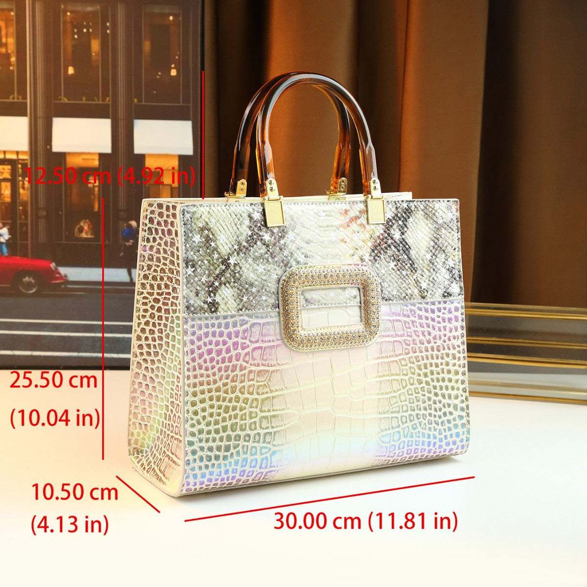 New Arrival Vintage Iridescent Croc-Effect Tote Bag for Women, A Large Capacity Top-Handle Shoulder Handbag with Magnetic Snap Design & Fashionable Retro Style