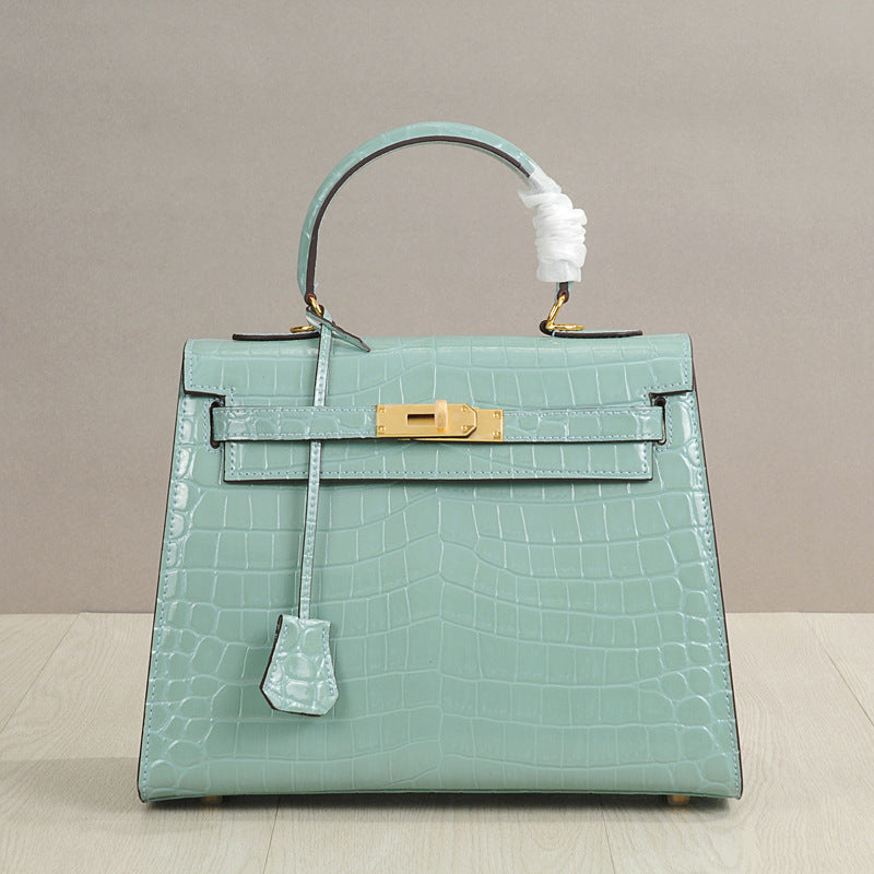 Light Luxury Women's Genuine Leather Kelly Style Small Handbag Crossbody Shoulder Bag with Crocodile Embossed Trendy New Design