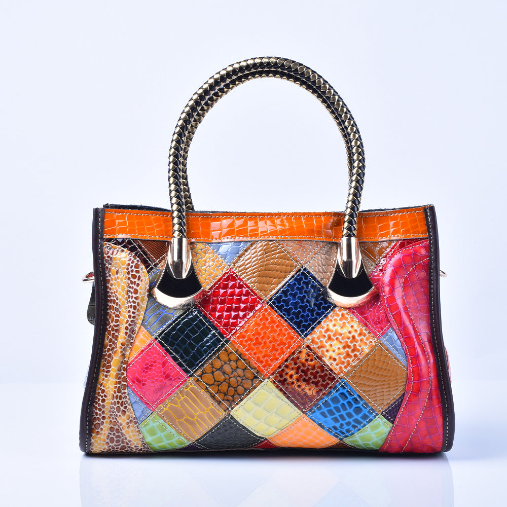 Snakeskin Patent Leather Color Block Bag, Trendy Shoulder Crossbody Purse, Cool Chic Handbag for Women