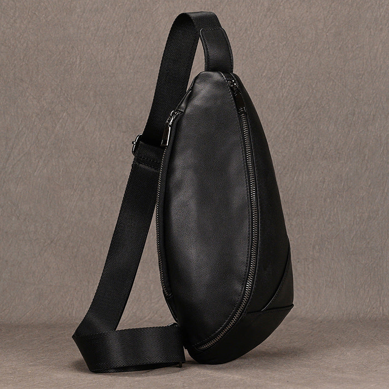 Black Genuine Leather Chest Bag, Fashionable Crossbody Shoulder Pouch, Outdoor Casual Bag for Men