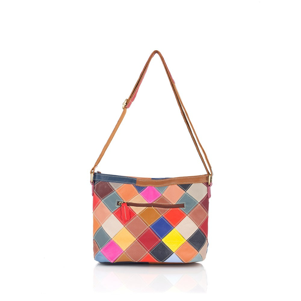 Premium Genuine Leather Patchwork Bag for Women | Handcrafted Color-Block Cross-Body Shoulder Handbag with Trendy Artistic Pattern | Unique Statement Purse with Vibrant Contrast Design | Must-Have Fashion Accessory for the Style-Conscious Woman