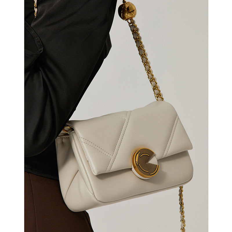 Genuine Cowhide Quilted Gold Ball Chain Small Square Bag for Women, New Light Luxury Vintage Office Shoulder Crossbody Purse, Trendy Handbag for Ladies