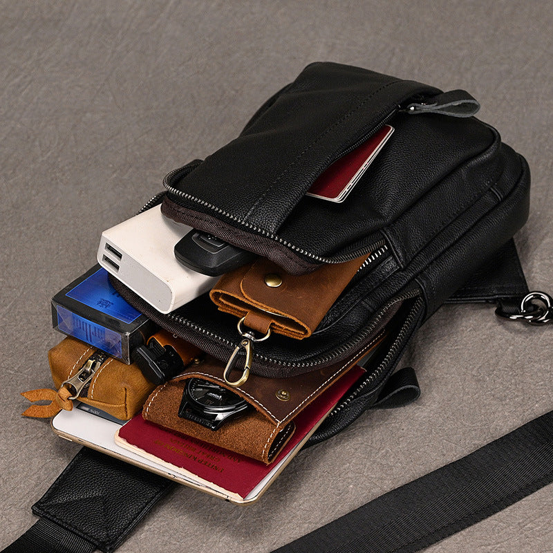 Black Genuine Leather Large Capacity Chest Bag, Casual Crossbody Shoulder Pouch Fits iPad, Premium Cowhide Travel Pack for Men