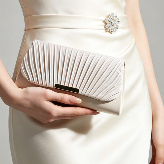 New Magnetic Snap Pleated Clutch for Women, Niche Premium Evening Party Bag, Metal Strip Patchwork Designer Handbag for Ladies