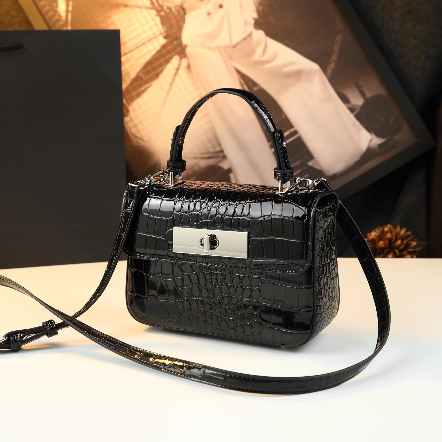 New Arrival Croc-Effect Light Luxury Small Square Bag for Women, A Minimalist Shoulder Crossbody Top-Handle Handbag with Premium Versatile Design