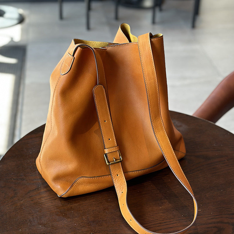 Vegetable-Tanned Cowhide Bucket Tote Bag for Women, Vintage Large Capacity Leather Shopping Shoulder Crossbody Purse, Casual Everyday Handbag for Ladies