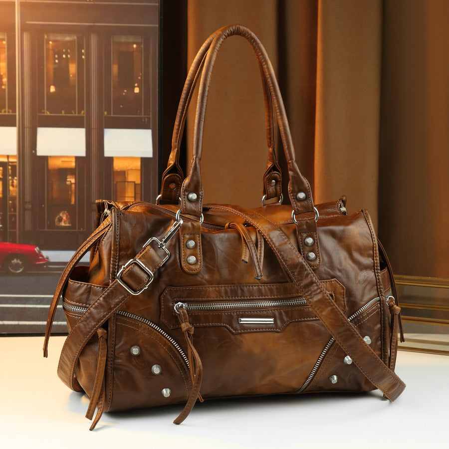 Vintage Studded Biker Tote Bag for Women Large Capacity Distressed Shoulder Crossbody Handbag, Versatile Travel Purse with Edgy Hardware Accents