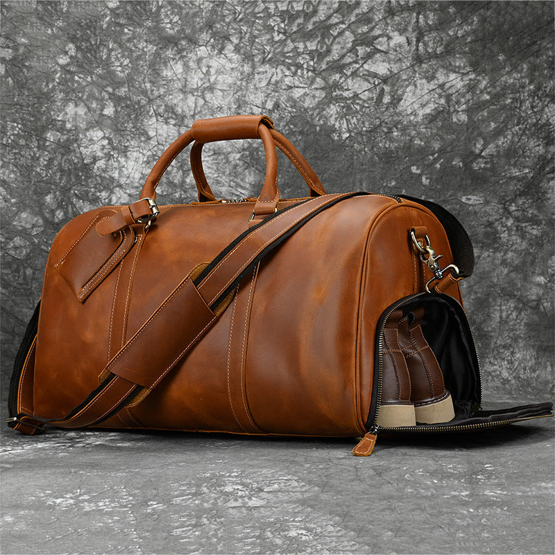 New Vintage Crazy Horse Leather Duffle Bag 20 Inch Shoulder Travel Gym Weekender with Shoe Compartment