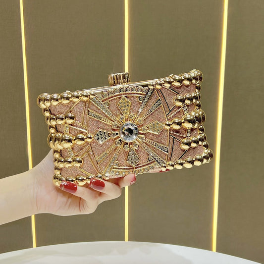Elegant Vintage Rhinestone-Embellished Evening Clutch for Women, A Light Luxury Crystal Top-Handle Bag with Versatile Chain Crossbody Strap, Perfect for Banquets Weddings & Formal Events