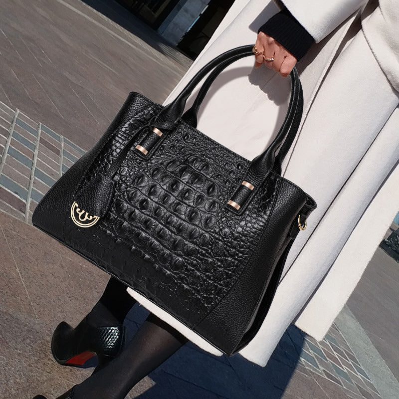 Genuine Top Layer Cowhide Crocodile-Embossed Handbag for Women, Fashionable Commute Top Handle Crossbody Purse, Large Capacity Bag for Ladies