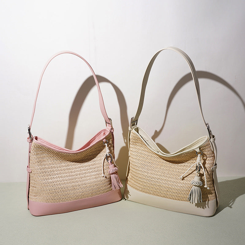 New Summer Woven Bucket Bag, Large Capacity Beach Vacation Crossbody Shoulder Purse, Premium Niche Versatile Handbag for Women