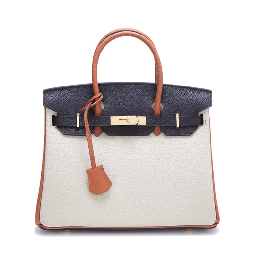 Genuine Leather Two-Tone Tote Shoulder Crossbody Bag, Large Lychee Grain Platinum-Style Contrast Color Handbag, Top-Layer Cowhide Purse for Women